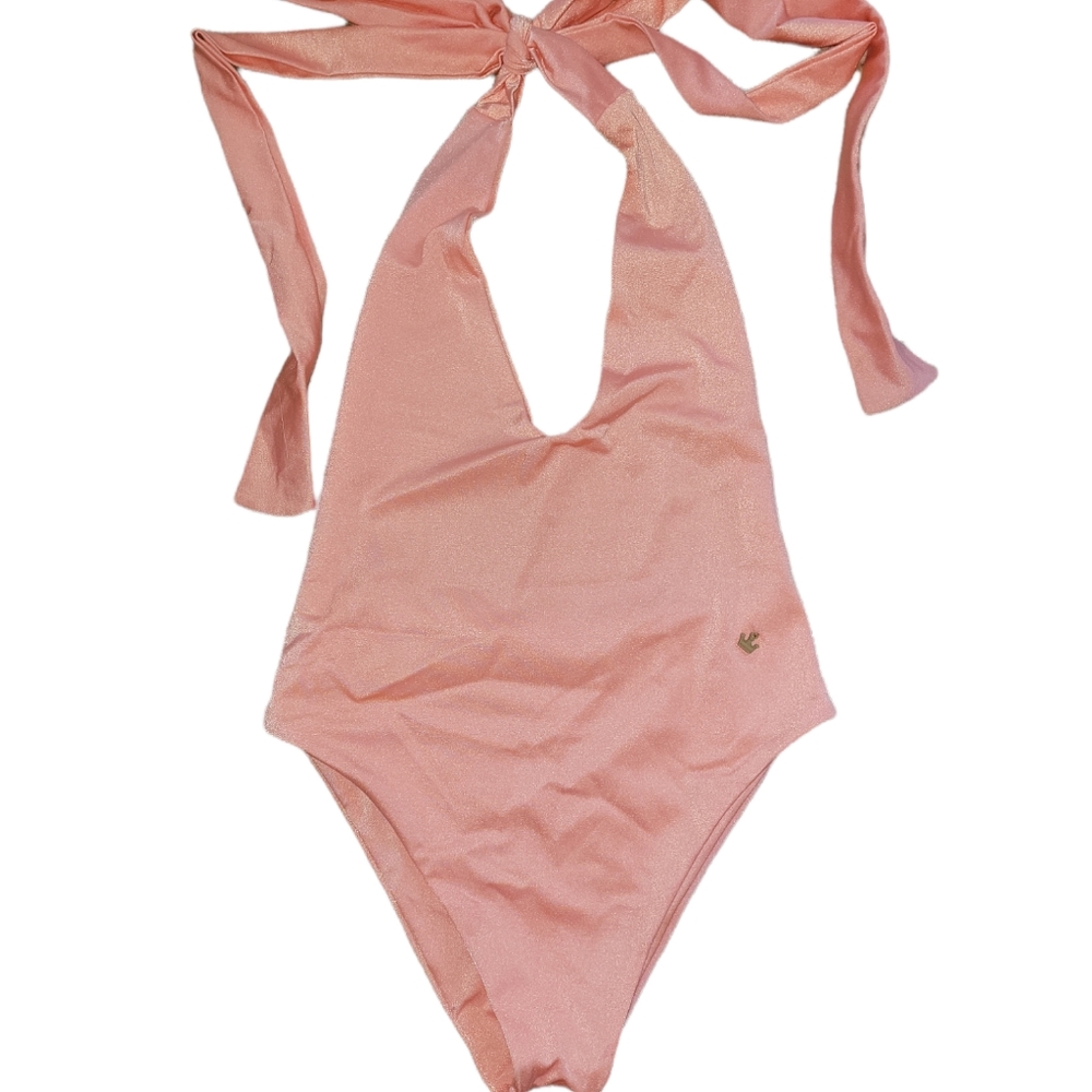 Coralupe One Piece Low V Open Tie Back Swimsuit Bathing Suit sz S